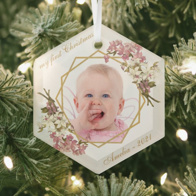 First Christmas Baby Girl Photo Pink Orchids Gold  Glass Ornament (Insitu)