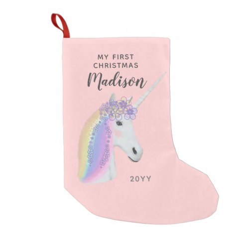 First Christmas Baby Girl Pink Unicorn Monogram Small Christmas Stocking