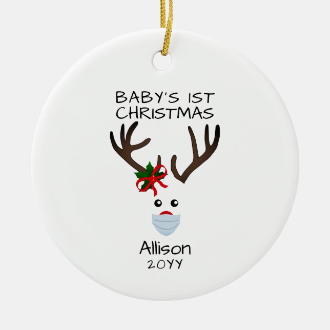 First Christmas Baby Girl Reindeer Personalized Ceramic Ornament (Front)