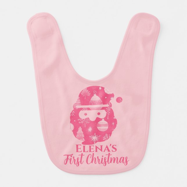 First Christmas Baby Girl Santa Claus Pink Baby Bib (Front)
