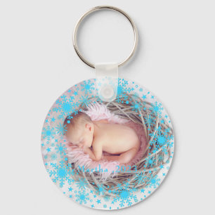 First Christmas Baby Girl Snowflake Frame Photo Keychain