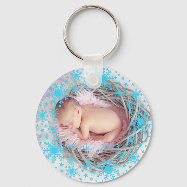 First Christmas Baby Girl Snowflake Frame Photo  Keychain (Front)