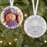 First Christmas Baby Girl Snowflake Frame Photo Ornament<br><div class="desc">Elegant snowflake framed baby's first Christmas photo ornament design features a round border wreath of white winter snowflakes that frame the baby girl's newborn photo. A custom "Baby's First Christmas" message appears on the back with text the can be personalized with baby boy's name and birth year. The silvery gray...</div>
