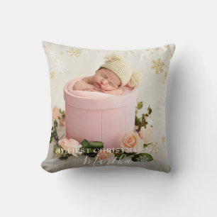 First Christmas Baby Girl Snowflake Frame Photo  Throw Pillow