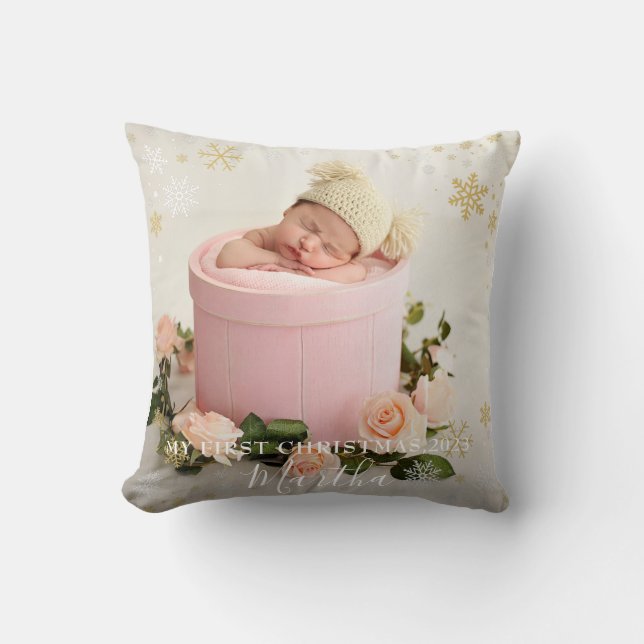First Christmas Baby Girl Snowflake Frame Photo  Throw Pillow (Front)