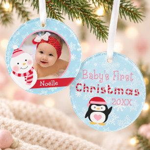 First Christmas Baby Girl Snowman Custom Photo Ornament