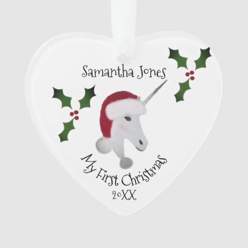 First Christmas Baby Girl Uniorn Heart Customized Ornament