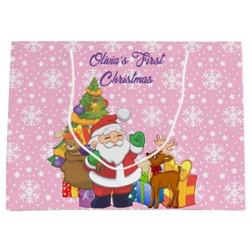 First Christmas Baby Girls Personalize Name Santa Large Gift Bag
