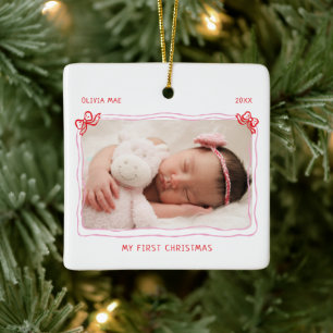 First Christmas Baby Hand Drawn Bow Frame Ceramic Ornament