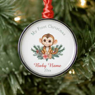 First Christmas Baby Monkey Custom Name Keepsake Metal Ornament