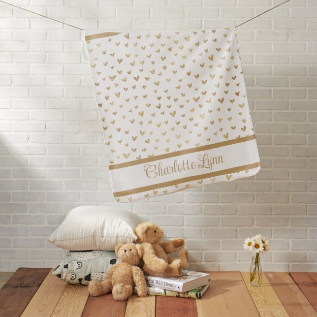 First Christmas Baby Name Gold Hearts Baby Blanket (In Situ)