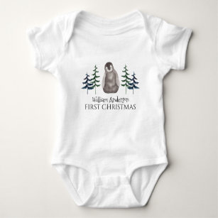 First Christmas Baby Penguin & Tree Personalized   Baby Bodysuit