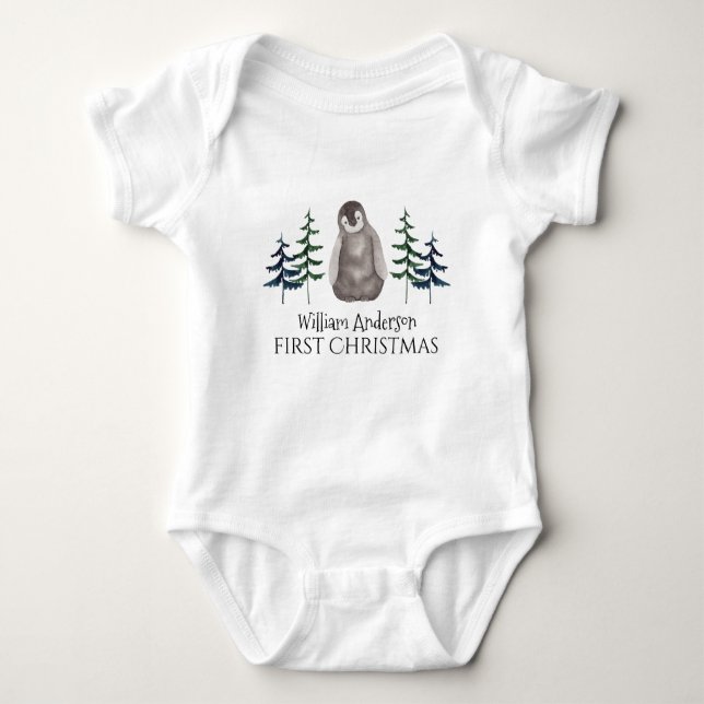 First Christmas Baby Penguin & Tree Personalized   Bodysuit (Front)