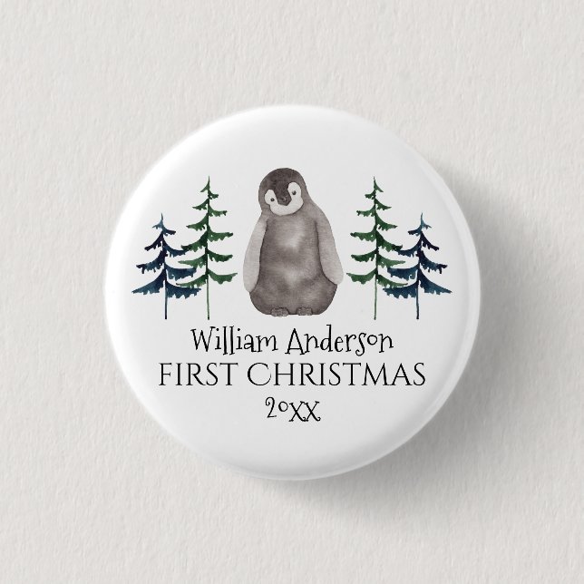 First Christmas Baby Penguin & Tree Personalized Button (Front)