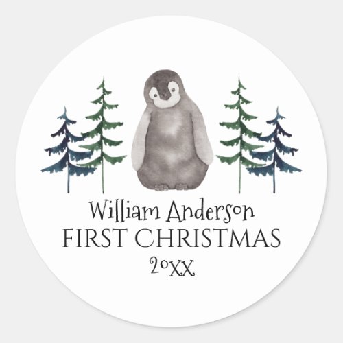 First Christmas Baby Penguin  Tree Personalized  Classic Round Sticker