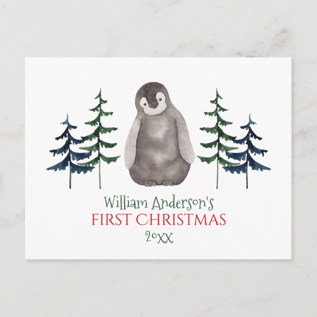 First Christmas Baby Penguin & Tree Personalized   Holiday Postcard (Front)