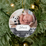 First Christmas Baby Photo Ceramic Ornament<br><div class="desc">My first Christmas with snowflakes on a chalkboard background and photo ornament design can be personalized with the baby's name and birth year. Includes a second photo on the back.</div>