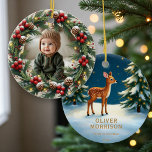 First Christmas Baby Photo Ceramic Ornament<br><div class="desc">Celebrate your little one’s first holiday season with this custom photo ceramic ornament. Upload a favorite picture to create a heartfelt keepsake that captures the joy of baby’s first Christmas. Designed with clean, modern typography and a timeless layout, this ornament makes a perfect addition to any tree — or a...</div>
