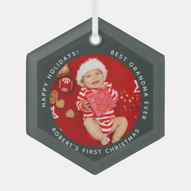 First Christmas Baby Photo Christmas Grandma Glass Ornament (Front)