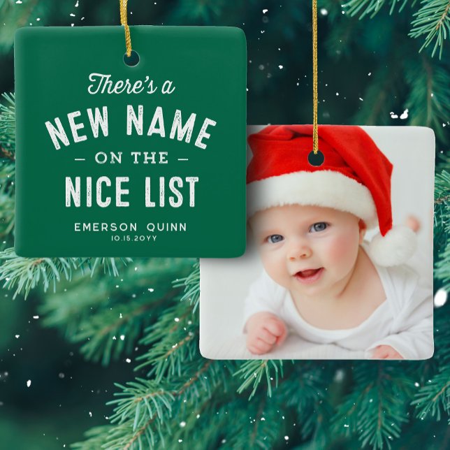 First Christmas baby photo cute green Ceramic Ornament (Creator Uploaded)