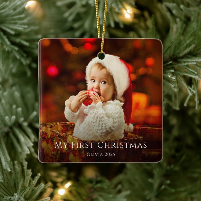 First Christmas Baby Photo Festive Santa Hat  Ceramic Ornament (Tree)