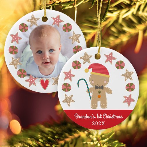 First Christmas Baby Photo Gingerbread Boy Red Ceramic Ornament