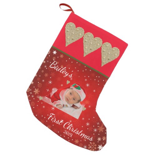 First Christmas Baby Photo Gold Heart Small Christmas Stocking