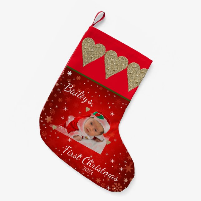 First Christmas Baby Photo Gold Heart Small Christmas Stocking (Front (Hanging))