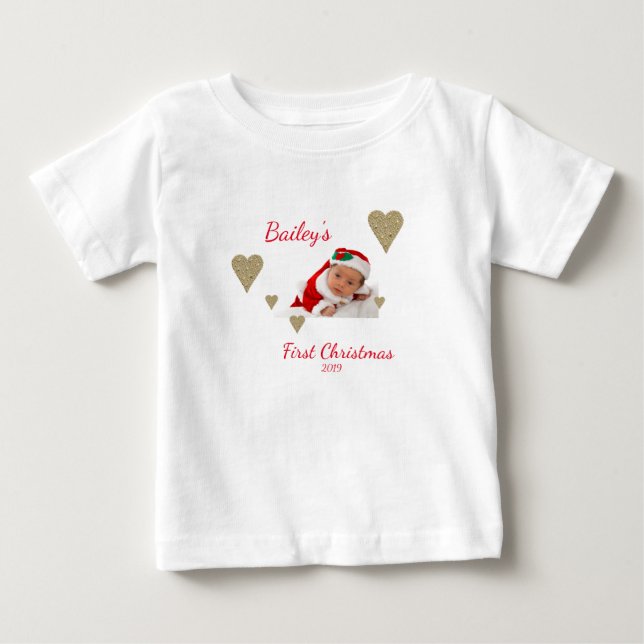 First Christmas Baby Photo Gold Heart T-Shirt (Front)