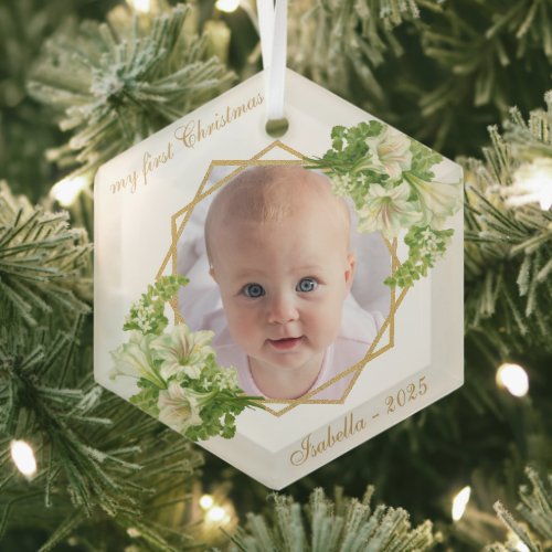 First Christmas Baby Photo Gold White Lilies  Glass Ornament
