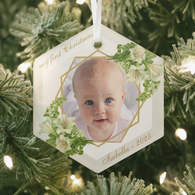 First Christmas Baby Photo Gold White Lilies  Glass Ornament (Insitu)
