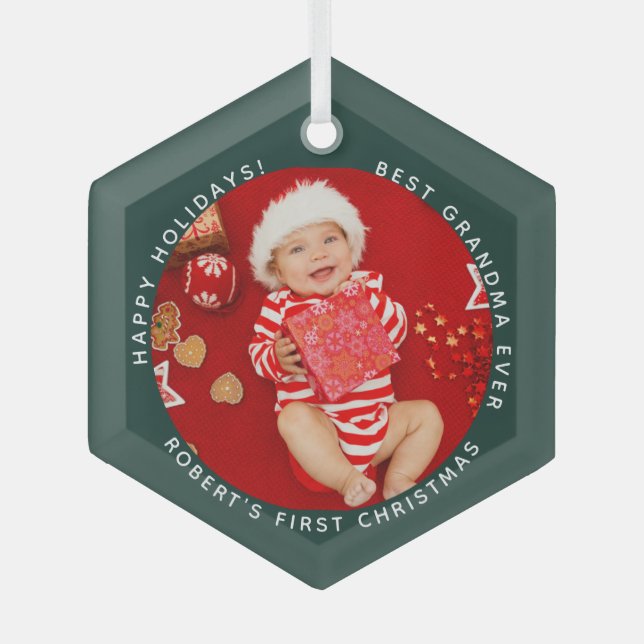First Christmas Baby Photo Grandma Holiday Glass Ornament (Front)
