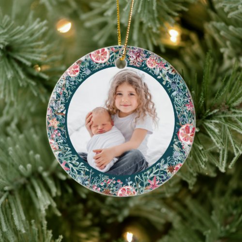 First Christmas Baby Photo Green Holiday Wreath  Ceramic Ornament