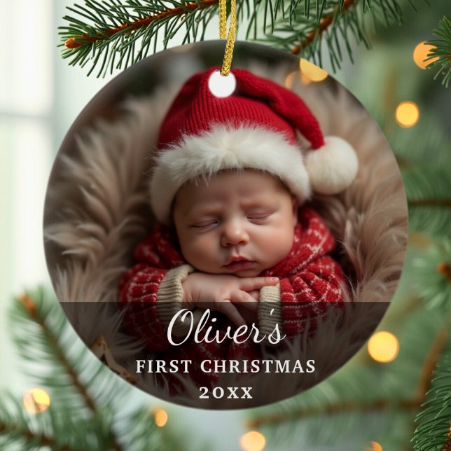 First Christmas Baby Photo Name Ceramic Ornament (Creator Uploaded)