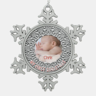 First Christmas Baby Photo Name Elegant Silver Red Snowflake Pewter Christmas Ornament