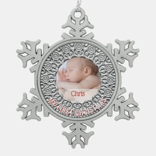 First Christmas Baby Photo Name Elegant Silver Red Snowflake Pewter Christmas Ornament