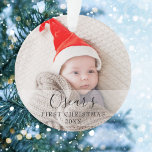 First Christmas Baby Photo Name  Ornament<br><div class="desc">Personalize with your favorite baby photos name and date to create a unique memory and gift for a first Christmas. A lovely keepsake to celebrate your new arrival! Designed by Thisisnotme©</div>