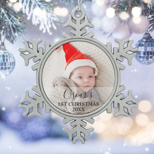 First Christmas Baby Photo Name Snowflake Pewter Christmas Ornament