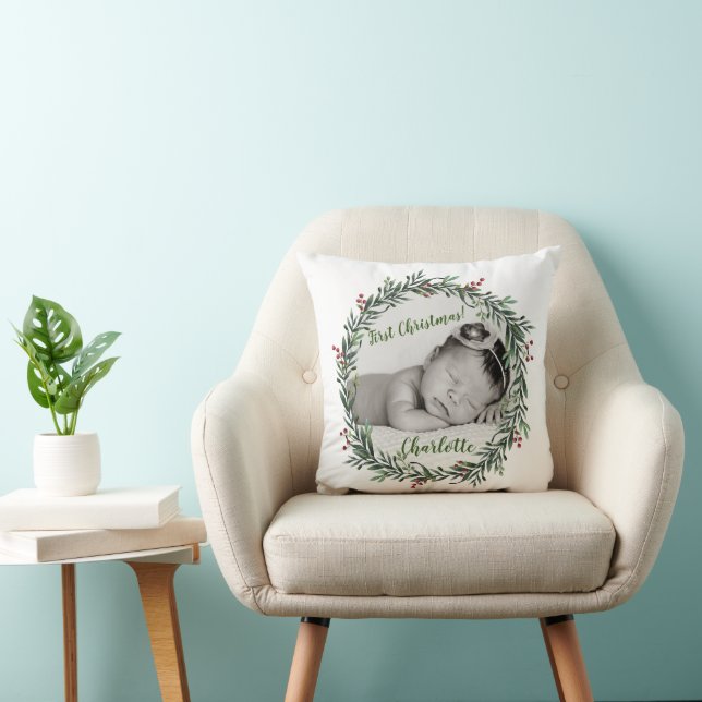 First Christmas, Baby Photo, Name Throw Pillow (Chair)