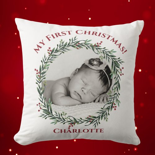 First Christmas Baby Photo Name Throw Pillow
