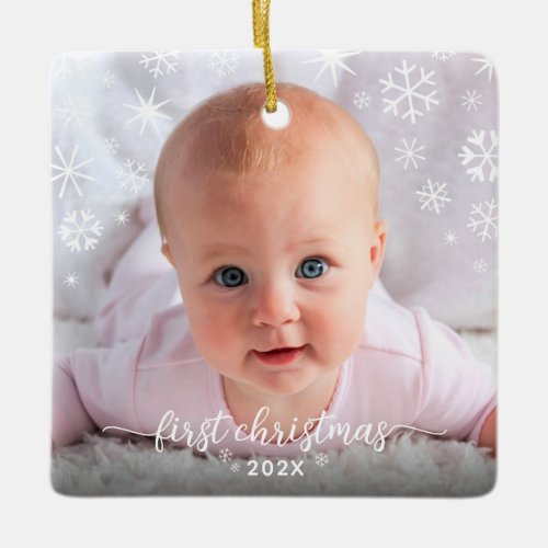 First Christmas Baby Photo New Parents Snowflakes Ceramic Ornament