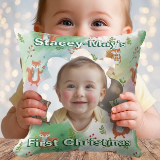 First Christmas Baby Photo Pillow Woodland Animal