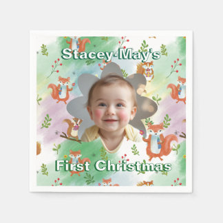First Christmas Baby Photo Pillow Woodland Animal Napkins