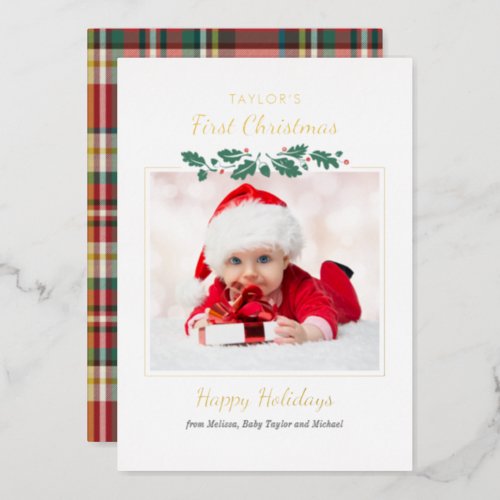 First Christmas Baby Photo Plaid Family Gold Foil Holiday Card