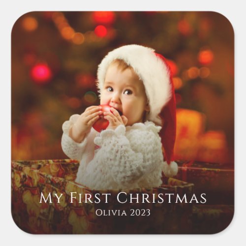 First Christmas Baby Photo Santa Hat Festive Square Sticker