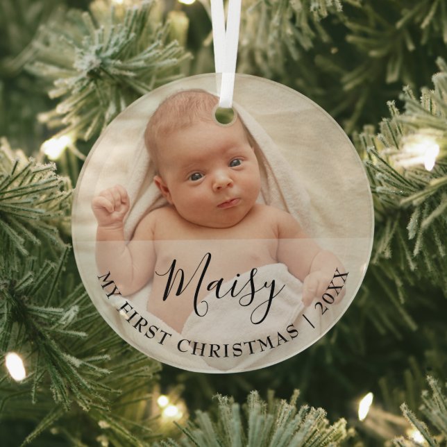 First Christmas Baby Photo Script Name Glass Ornament (Insitu)