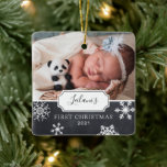 First Christmas Baby Photo Snow Chalkboard Ceramic Ornament<br><div class="desc">My first Christmas with snowflakes on a chalkboard background and photo ornament design can be personalized with the baby's name and birth year. Includes a second photo on the back.</div>