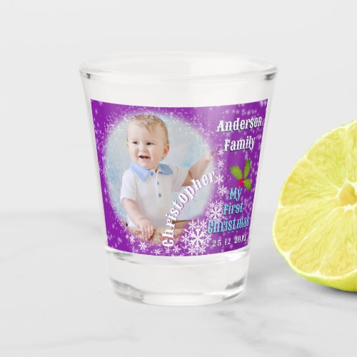 First Christmas Baby Photo Snowflakes Purple Shot Glass
