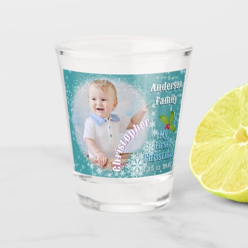 First Christmas Baby Photo Snowflakes Teal Blue Shot Glass