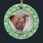 First Christmas baby photo with snowman Ceramic Ornament<br><div class="desc">First Christmas baby photo keepsake Christmas ornament with Snowman pattern and year personalized with photo,  text and name</div>